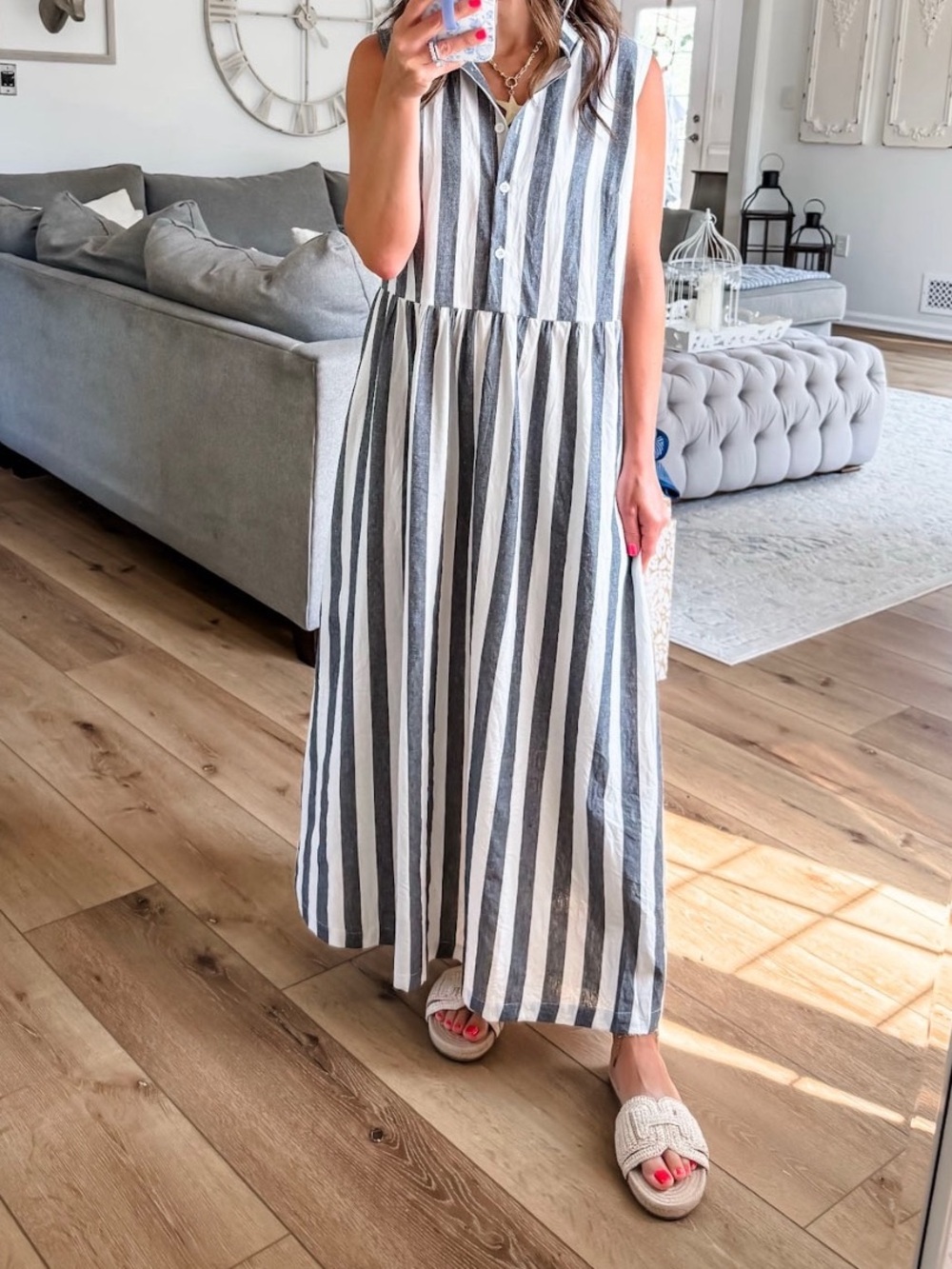 Sleeveless Black and White Stripe Maxi Shirtdress🌻
